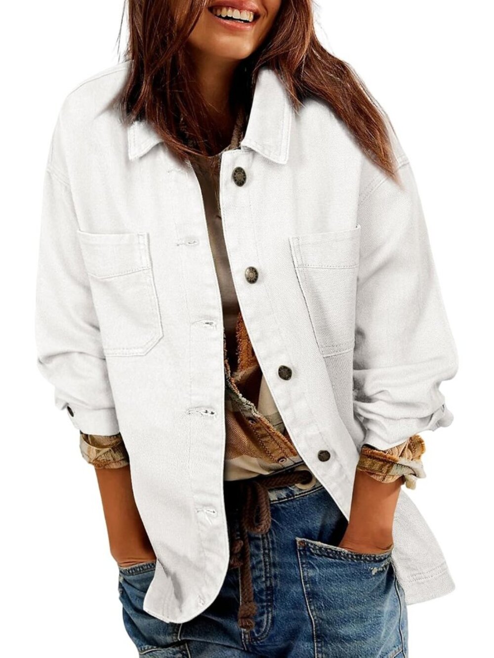 Women's White Sleeve Button Down Casual Denim Jean Jacket Shacket